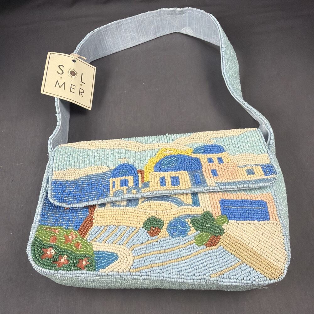 Beaded Santorini Scene Shoulder Bag Sol And Mer Handmade in India New with Tags